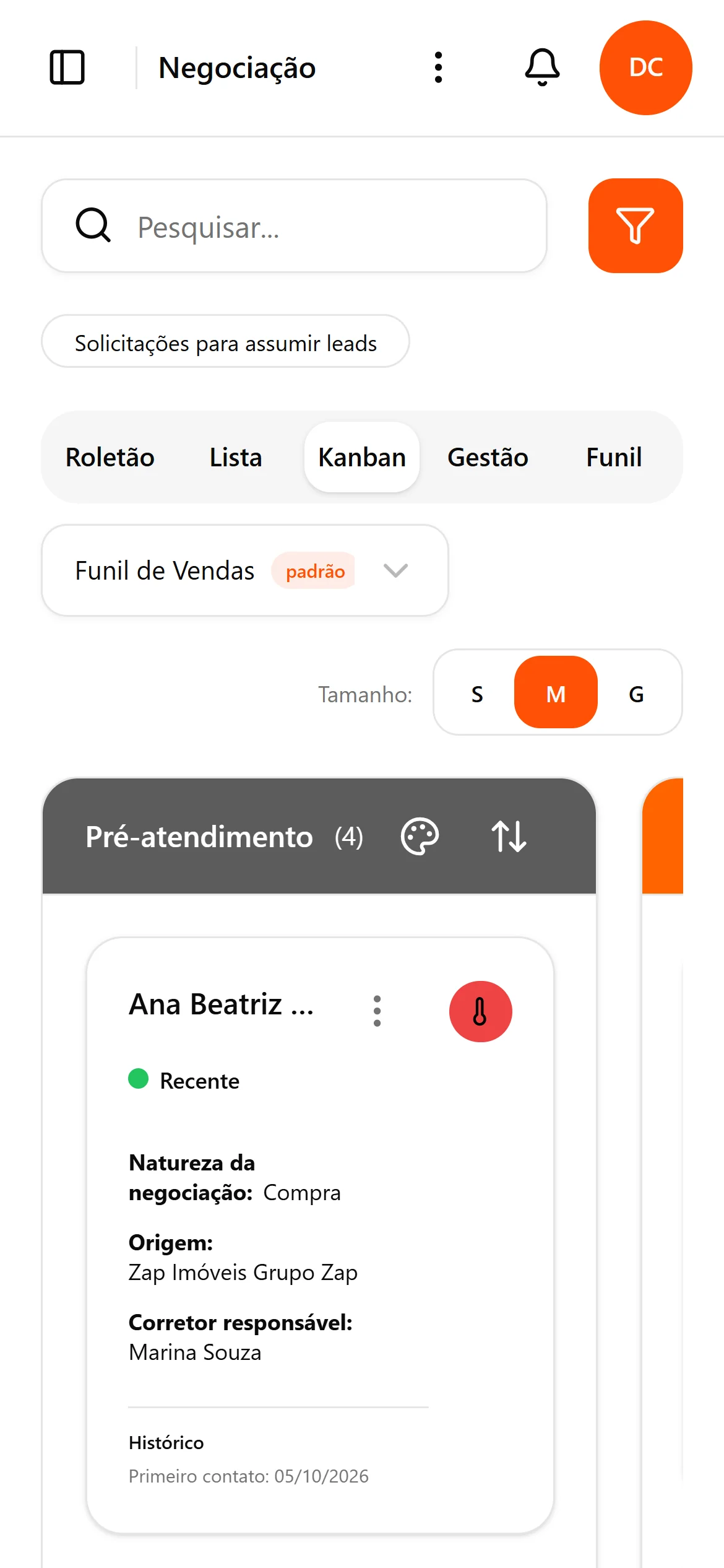 Funil de negociações do Hunter CRM no celular