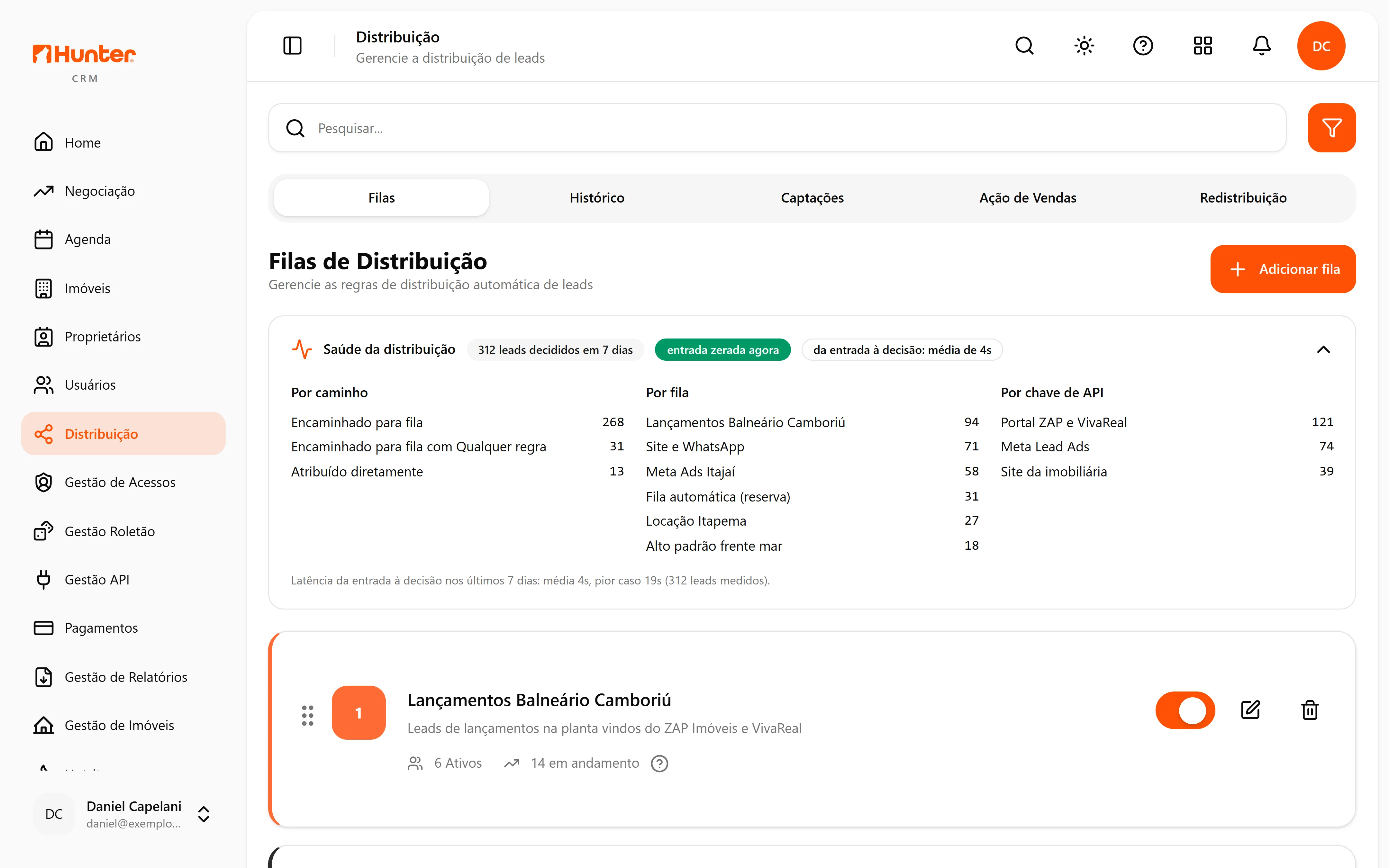 Filas de distribuição de leads do Hunter CRM com os leads decididos por caminho, por fila e por origem