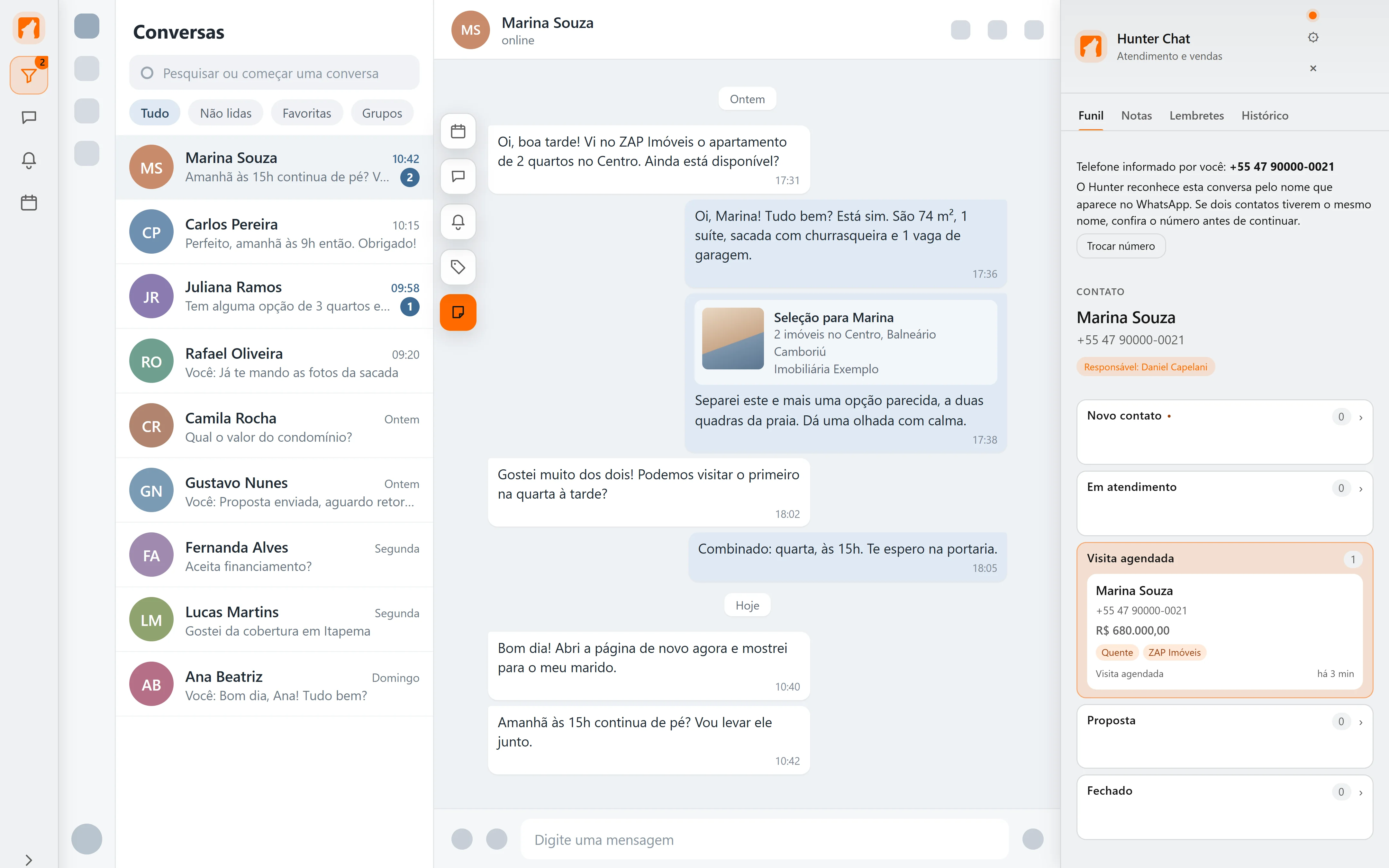Painel da extensão Hunter no WhatsApp Web com funil, notas, tags e lembretes ao lado da conversa