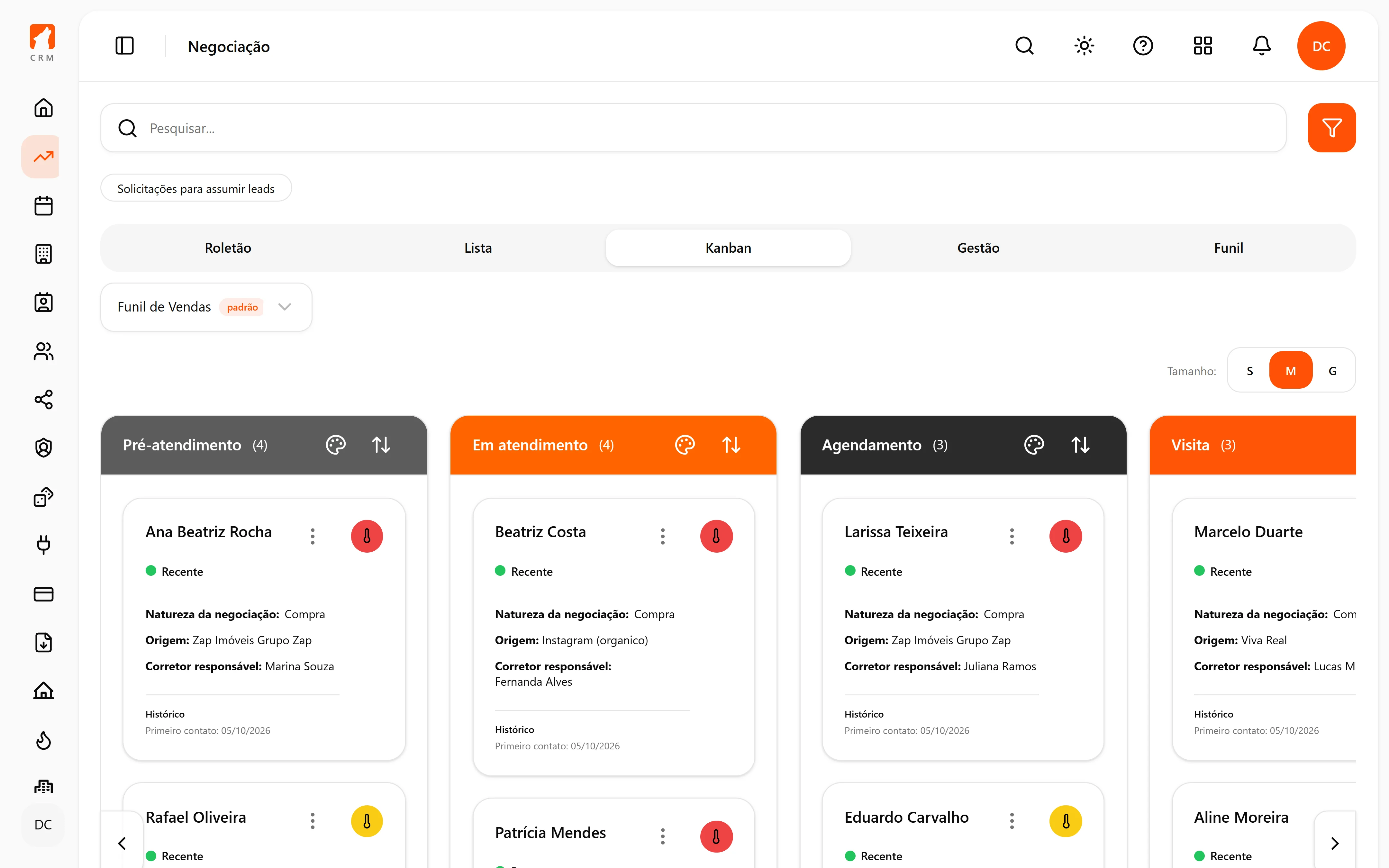 Funil de negociações do Hunter CRM com leads em cada etapa, origem e corretor responsável